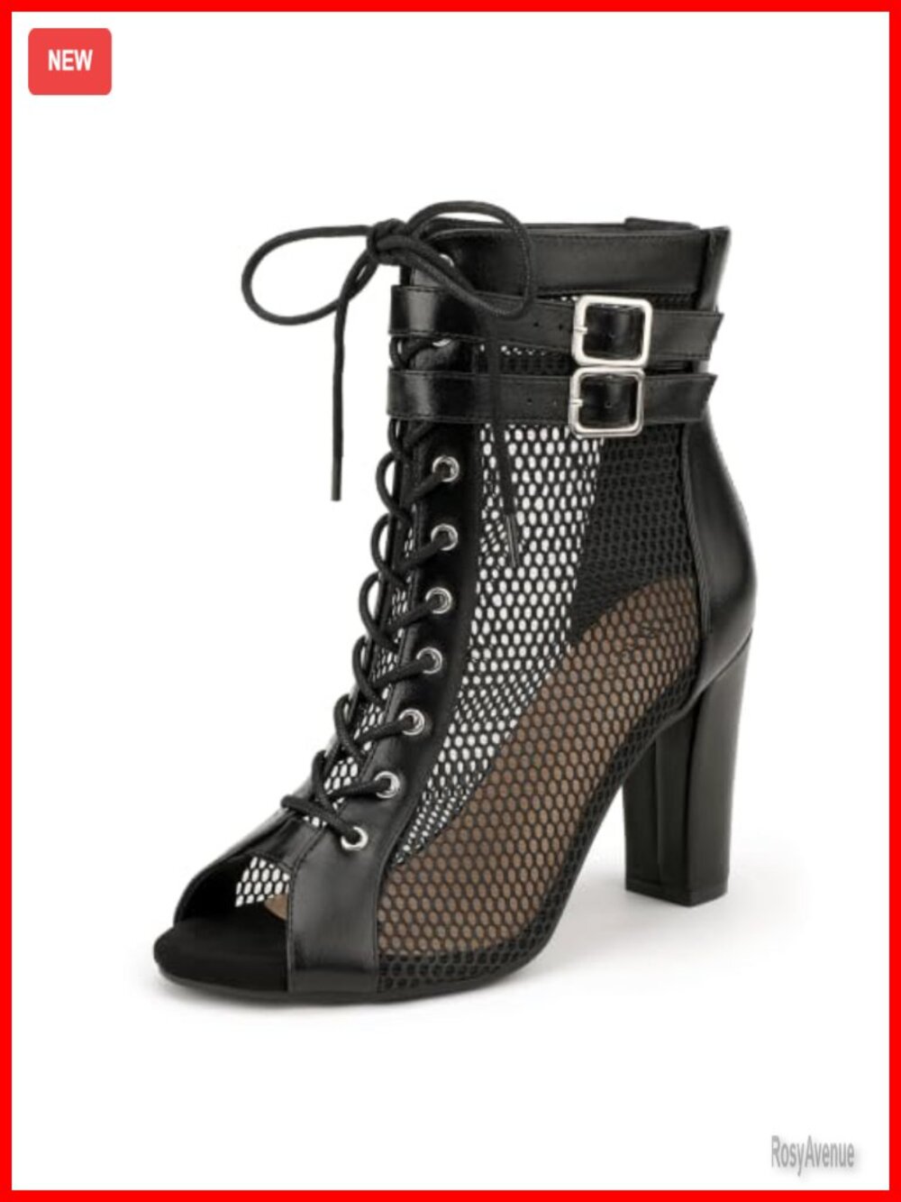 Peep Toe Mesh Block Heel Ankle Strap Sandals Lace Up Zipper PU